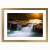 Extra large abstract art print depicting textured scenery of Arkansas, in muted earth tones, framed in gold.