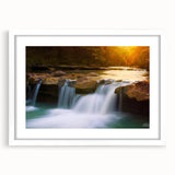 Abstract art print of Arkansas scenery in muted earth tones on a white-framed mat, ideal for dining room decor.