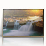 Mid-century modernist style large art print of an Arkansas landscape in gold tones, framed acrylic.