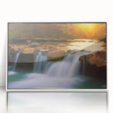 Art deco style poster of Arkansas scenery in muted green and blue tones, framed acrylic, ideal for modern nursery wall decor.