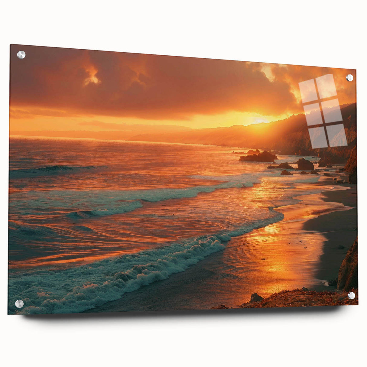 Acrylic print of a Big Sur landscape in vivid coastal colors, suitable for bedroom or dining room decor.