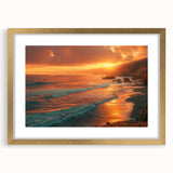 Extra large wall art of abstract Big Sur scenery in textured gold frame, ideal for living room decor.