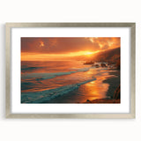 Textured art print of California's Big Sur in muted earth tones, framed in silver, ideal for bedroom decor.