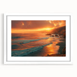 Abstract art print of Big Sur coastline in muted blue and green tones on a framed white mat, ideal for dining room decor.