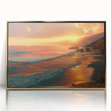 Large art print of Big Sur scenery in mid-century modernist style, with vibrant ocean and sunset hues on framed acrylic.