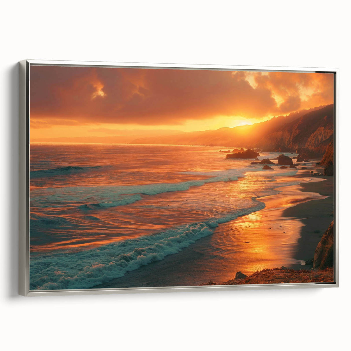Landscape art painting of Big Sur on framed canvas, featuring vibrant coastal hues and a vintage poster style.
