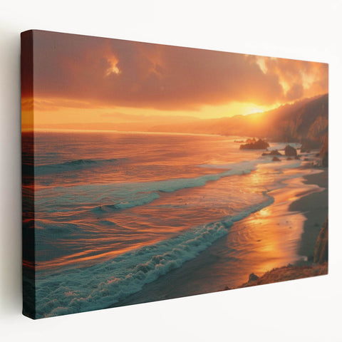 Large art print of Big Sur coastline in muted green and blue tones on stretched canvas, ideal for kitchen wall art.