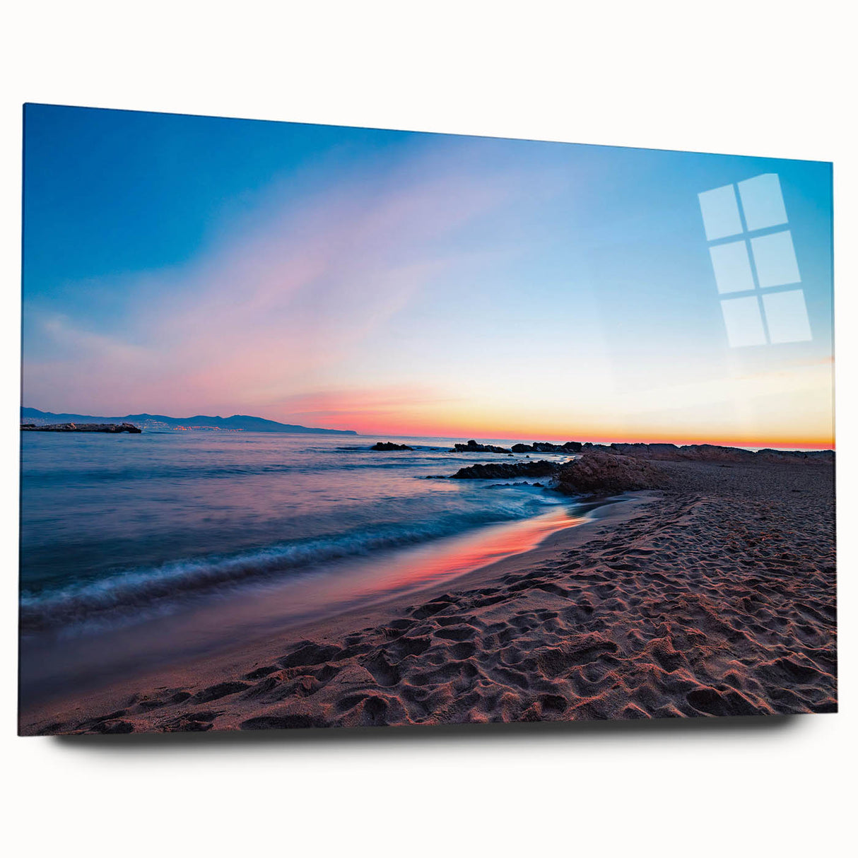 Large abstract wall art of Catalina Island on acrylic glass, with vibrant blue and green hues.