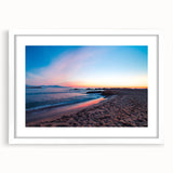 Abstract art print of Catalina, California, in muted blue and gray tones on a white-framed canvas.