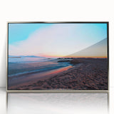 Mid-century modernist art depicting Catalina, California in muted blue and silver tones on a framed acrylic print.