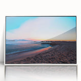 Art deco poster of Catalina, California in muted blue and white tones, acrylic print framed.