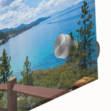 Acrylic print of Lake Tahoe with muted blue and green hues in a mid-century modernist style, ideal for dining room art.