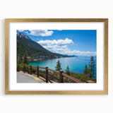 Extra large wall art featuring an abstract textured view of Lake Tahoe in a gold frame, suited for living room decor.