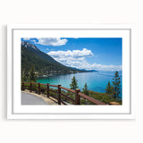 Abstract art print of Lake Tahoe in muted blue and green shades, framed with a white mat, suitable for dining room decor.