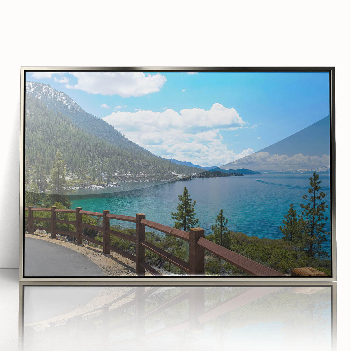 Mid-century modernist art depicting Lake Tahoe in muted blue and green tones on a silver-framed acrylic print.