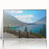 Acrylic print of Lake Tahoe with muted blue and green tones in an art deco style, ideal for modern art wall decor.