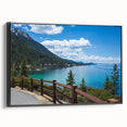 Black and white framed canvas of Lake Tahoe landscape, ideal for bedroom wall decor.