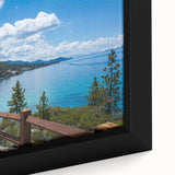 Extra large black framed canvas of Lake Tahoe with colorful, textured art, ideal for living room decor.