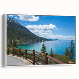Vintage poster art of Lake Tahoe on a framed canvas, featuring colorful art in extra large size, ideal for living room decor.