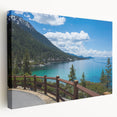 Lake Tahoe landscape on large stretched canvas, featuring serene blue and green tones, suitable for kitchen wall art.