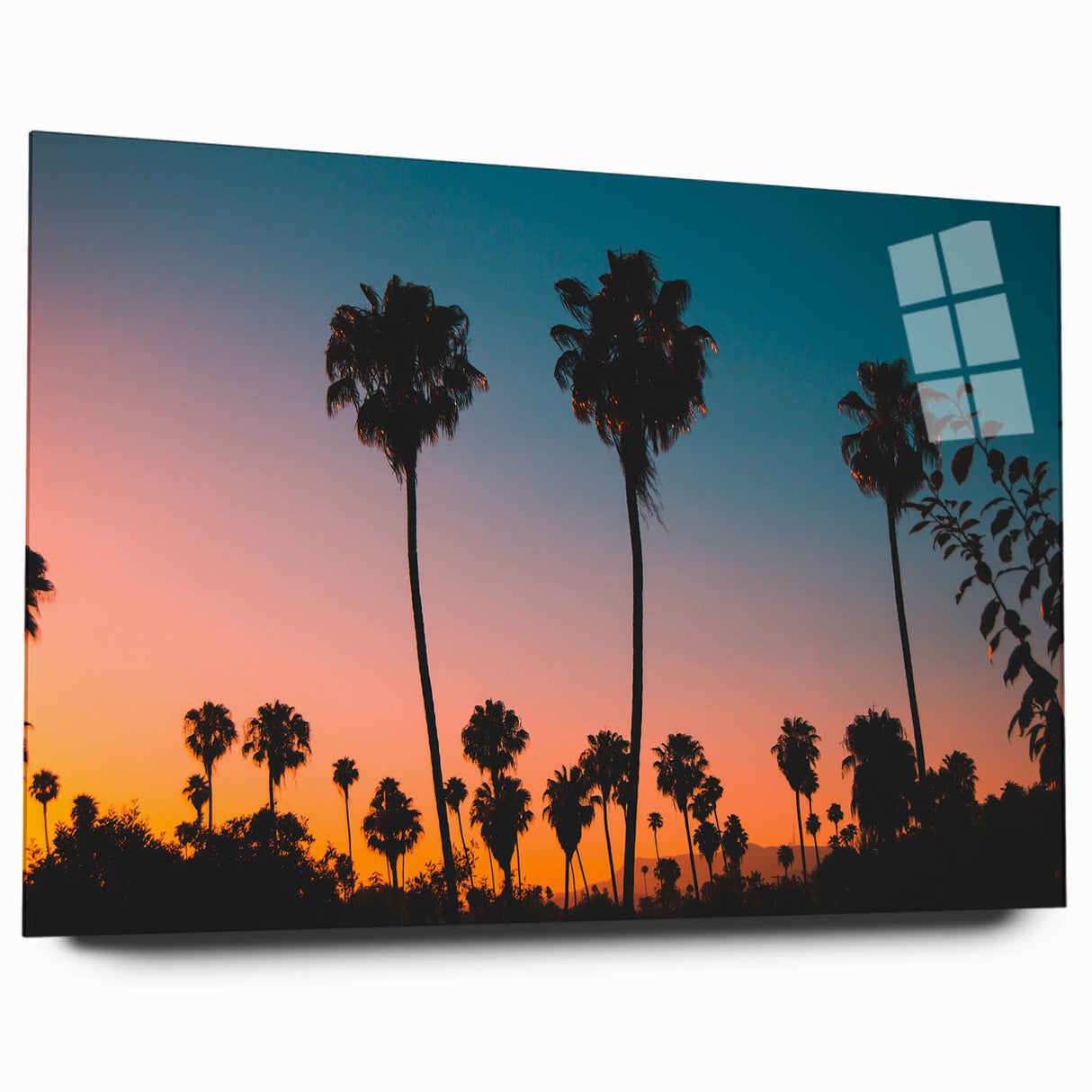Large abstract wall art of Los Angeles skyline in muted gray tones on acrylic glass.