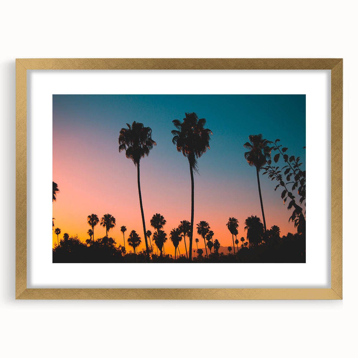Extra large abstract art print of Los Angeles skyline in muted gold and blue tones on a textured canvas.