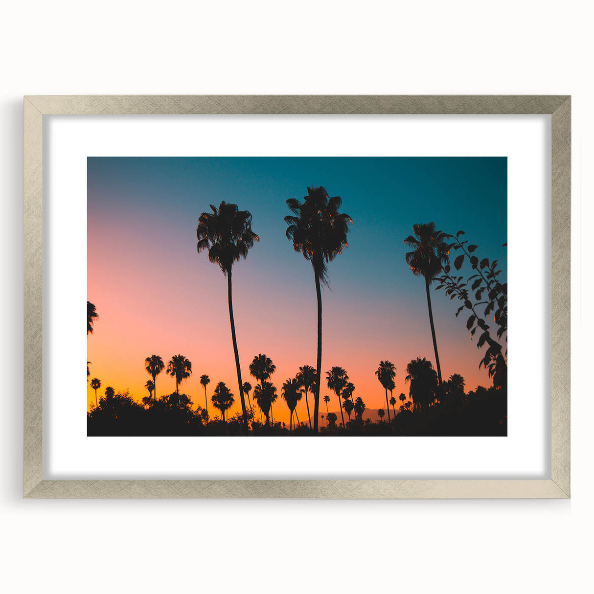 Textured abstract art print of Los Angeles skyline in muted gray and blue tones on a framed canvas.