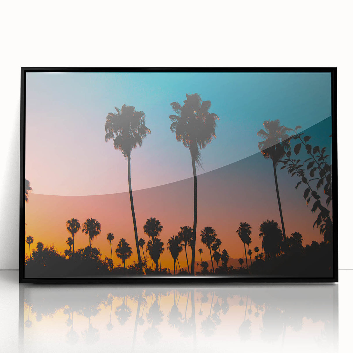 Large abstract wall art depicting a Los Angeles skyline in muted gray tones, framed in black acrylic.