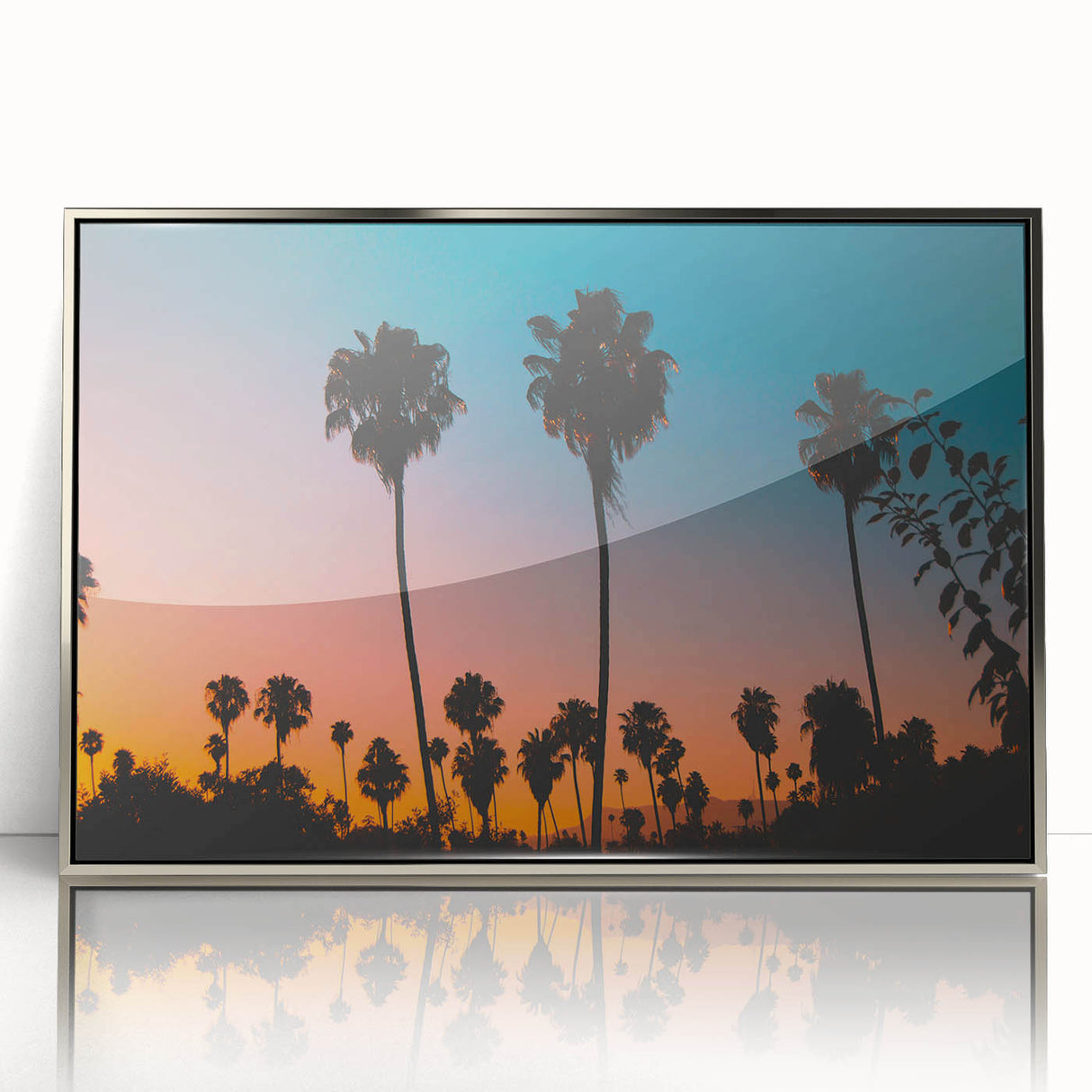 Mid-century modernist art depicting the Los Angeles skyline in muted silver tones on a framed acrylic print.