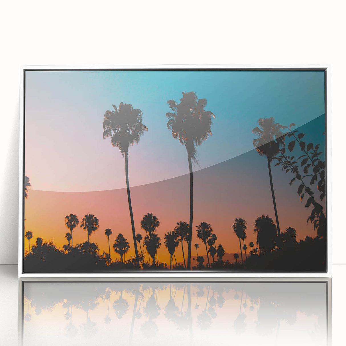 Acrylic print of Los Angeles skyline in muted colors, framed in white, suitable for modern art wall decor.