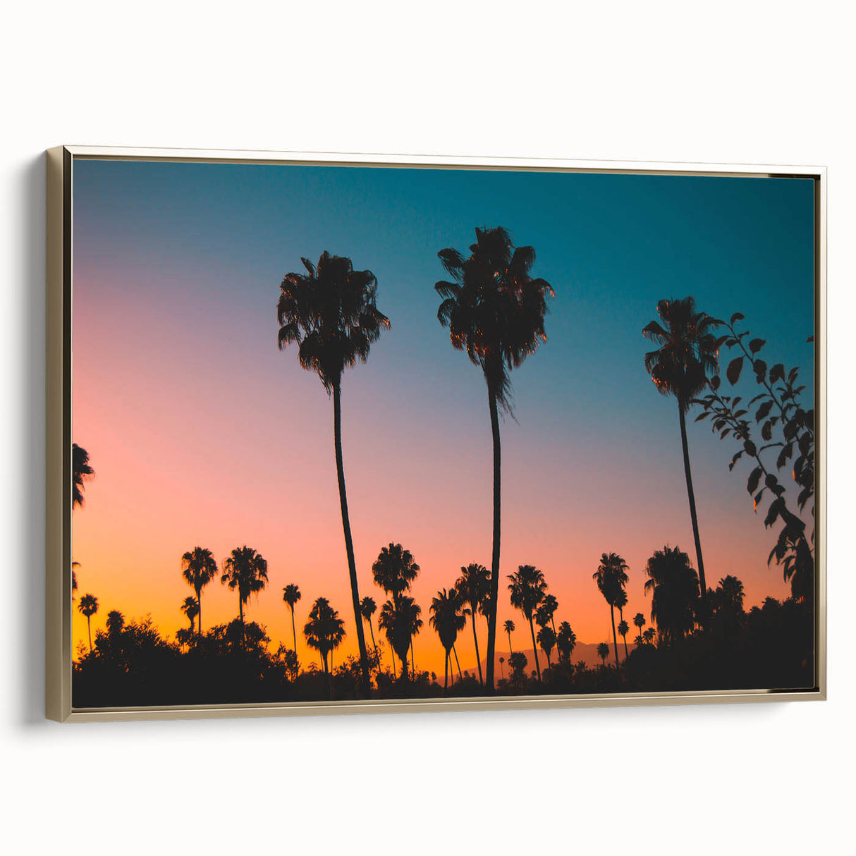 Framed canvas featuring a vintage-style landscape painting of Los Angeles in muted gold and black tones.