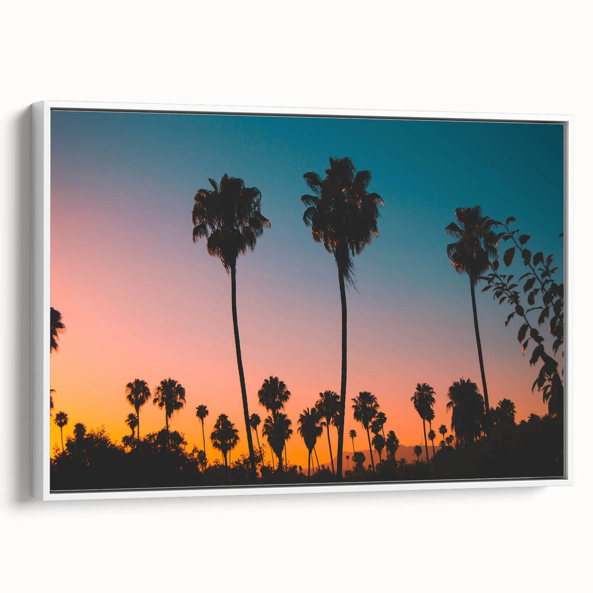Vintage poster art of Los Angeles skyline in vibrant colors on a large framed canvas, ideal for living room decor.