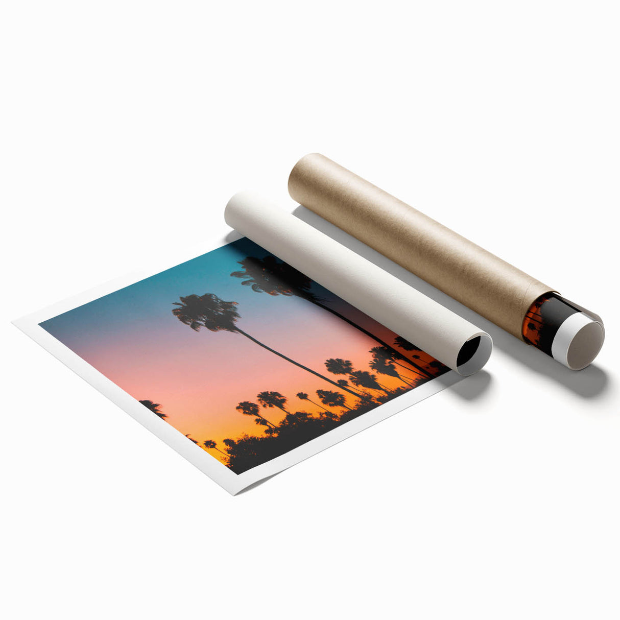 Extra large rolled print of Los Angeles skyline with soft pink and violet hues, suitable as classy bathroom wall art.