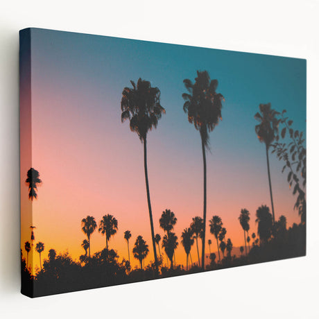 Los Angeles skyline in muted gray and blue tones on a large stretched canvas, ideal for kitchen wall art.