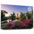 Acrylic print of a large abstract depiction of Sacramento, featuring vibrant blues and oranges, ideal for dining room decor.