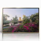 Large acrylic print of Sacramento scenery in a mid-century modernist style with muted earth tones, framed in gold.