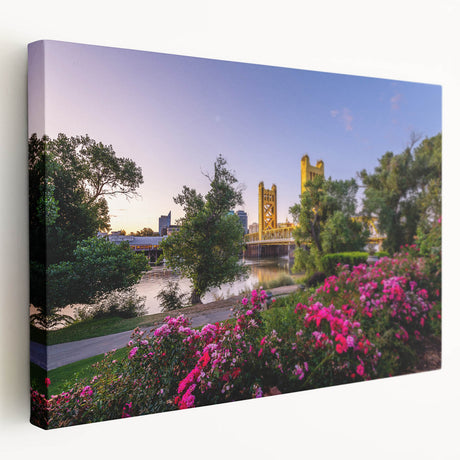Side view of a stretched canvas featuring a detailed Sacramento skyline in muted earth tones, suitable for kitchen wall art.