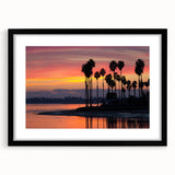 Abstract art print of San Diego skyline in vibrant colors on a large textured canvas, framed in black.
