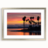 Textured abstract art print of San Diego scenery in muted blues and greens, framed in silver, ideal for bedroom wall decor.