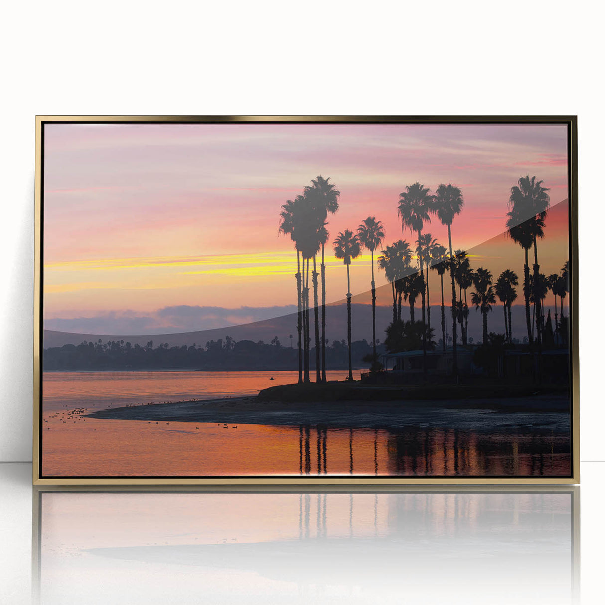 Large art print of San Diego skyline in gold and blue tones on framed acrylic, ideal for modern art wall decor.