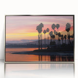 Mid-century modernist art depicting San Diego scenery in muted blue and green tones on a framed acrylic print.