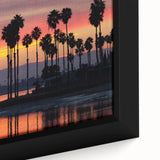 Black wall art featuring a textured depiction of the San Diego skyline in vibrant colors on a framed canvas.