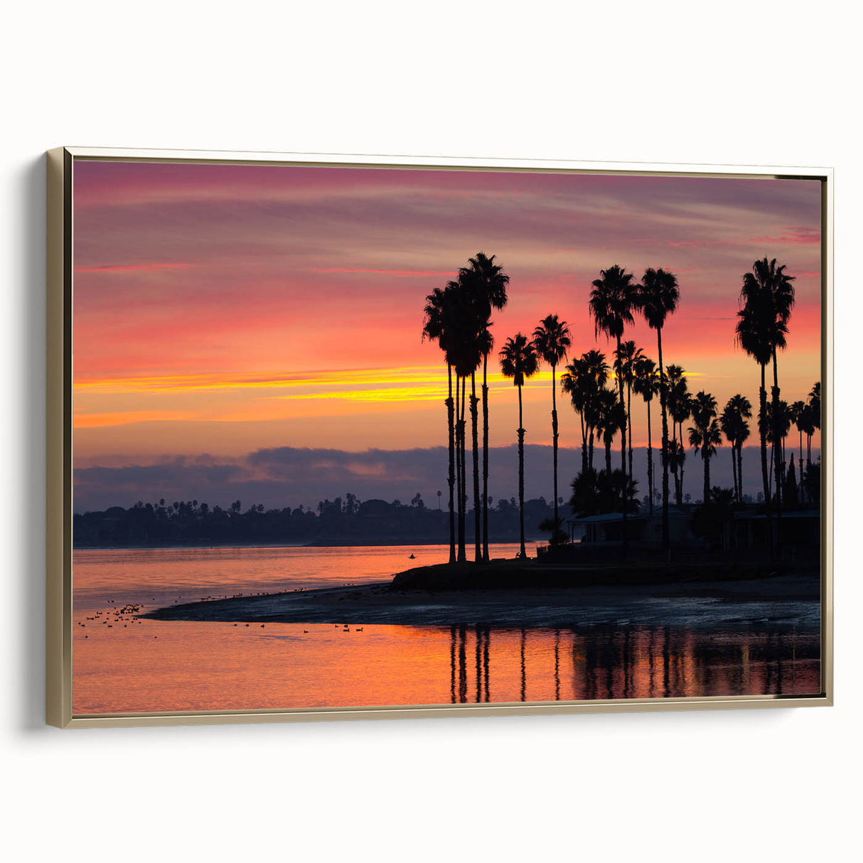 Framed canvas depicting a vintage-style San Diego landscape in black and gold tones, ideal for bedroom wall art.