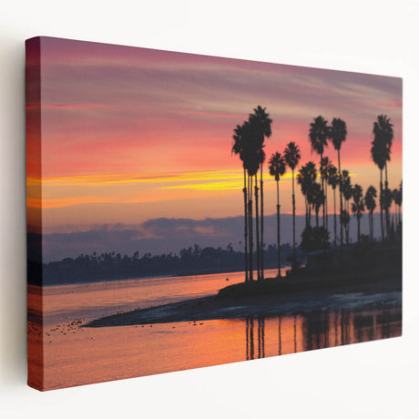 Side view of a stretched canvas depicting the San Diego skyline in muted blue and gray tones, suitable for kitchen wall art.