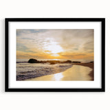 Extra large, colorful abstract art print of Santa Barbara scenery on textured canvas, framed in black.