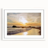 Abstract art print of Santa Barbara in muted blue and green tones on a framed white mat, ideal for dining room decor.