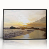 Large abstract wall art depicting Santa Barbara scenery, in muted earth tones on a black framed acrylic.