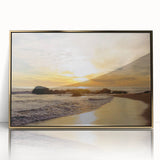 Mid-century modernist acrylic print of Santa Barbara scenery in gold frame, suited for nursery or living room decor.