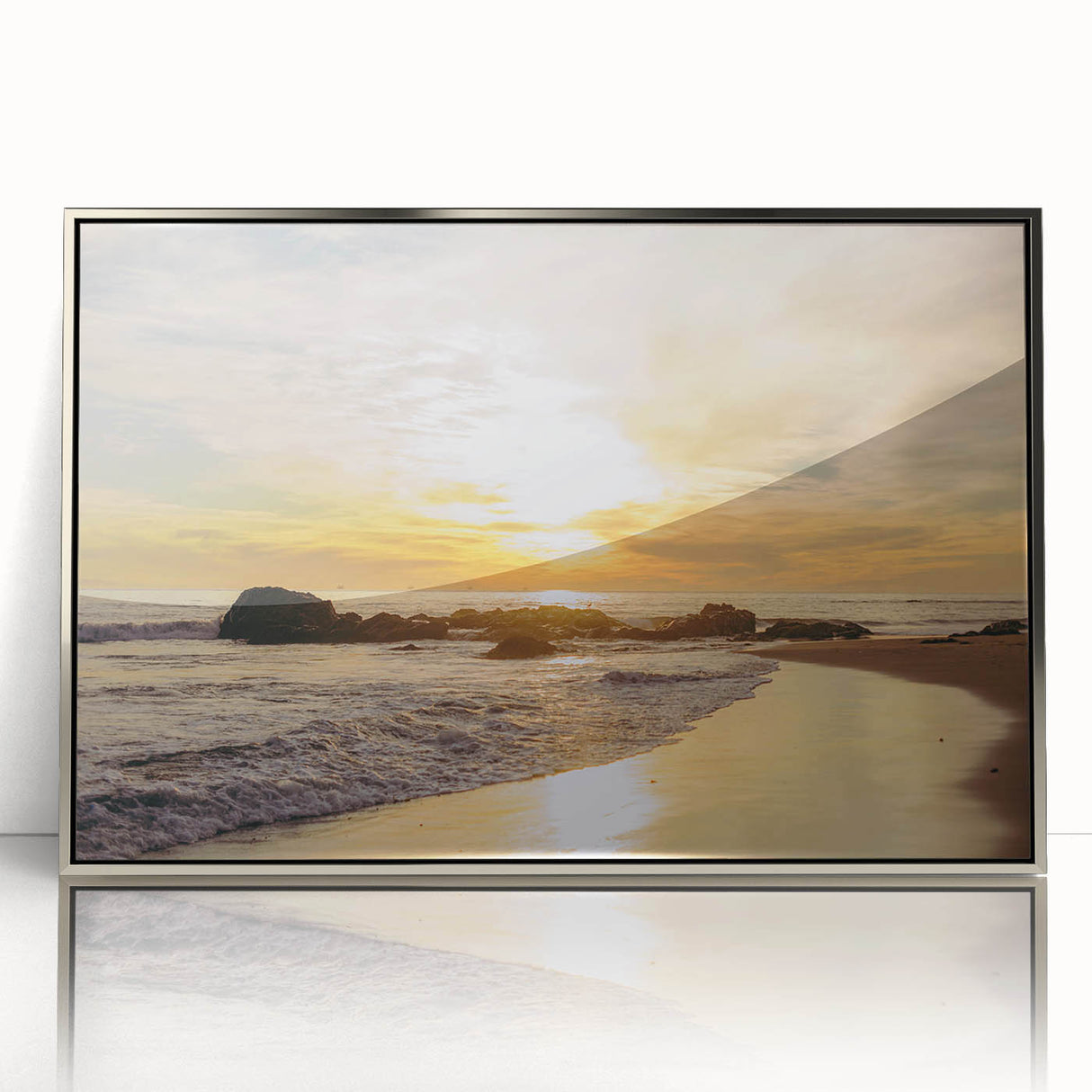 Framed acrylic print of a mid-century modernist Santa Barbara landscape in soft pastel colors, ideal for nursery wall art.