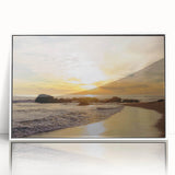 Art deco style Santa Barbara scenery on white framed acrylic, featuring vibrant blue and green tones.